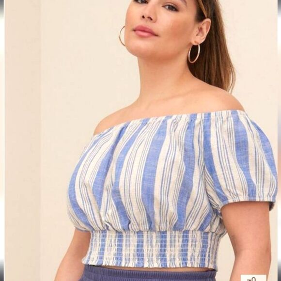 New Torrid Linen Striped Off Shoulder Crop Top 5 5X - Picture 1 of 12